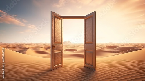 The opened door on the desert. Unknown and start up concept. photo