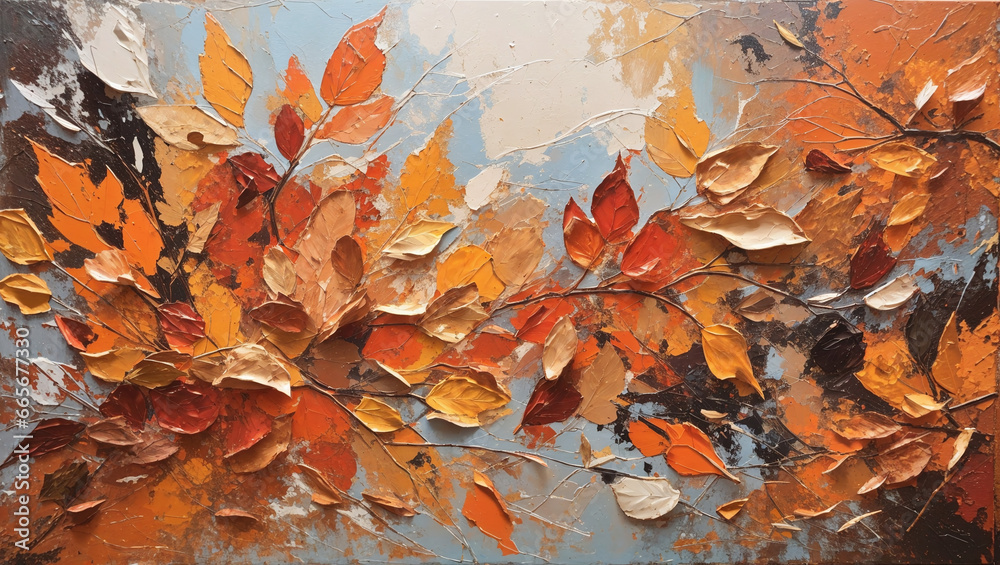 Abstract oil and acrylic art with palette knife strokes that evoke the essence of autumn leaves.