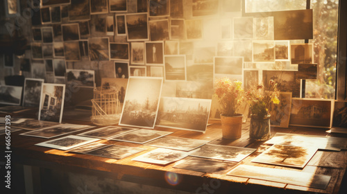 Nostalgic memories, an old photo album hanging by the window, casting shadows of cherished moments photo