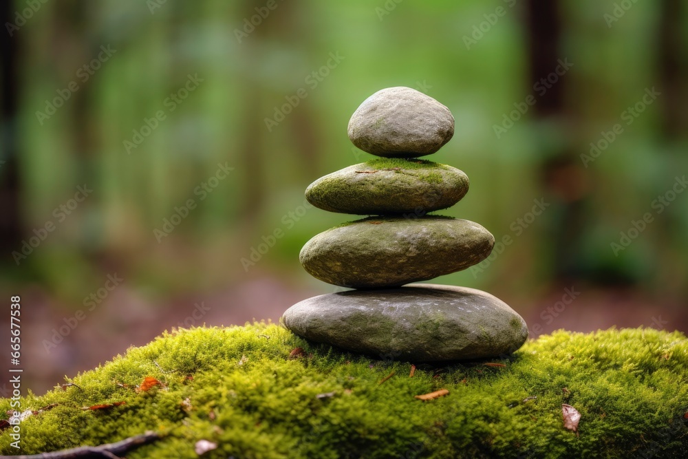 Pyramid stones balance on old mossy fallen tree. Pyramid stones balance on old mossy fallen tree.