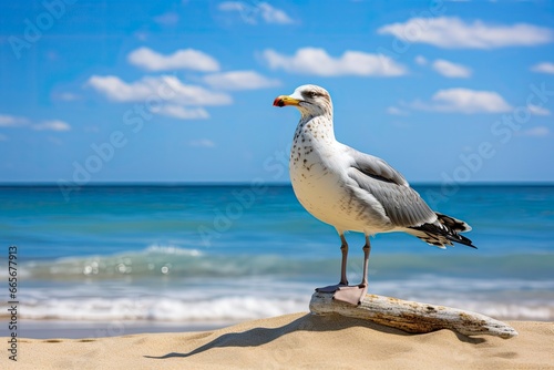 Seagull on the beach under blue sky. AI Generated