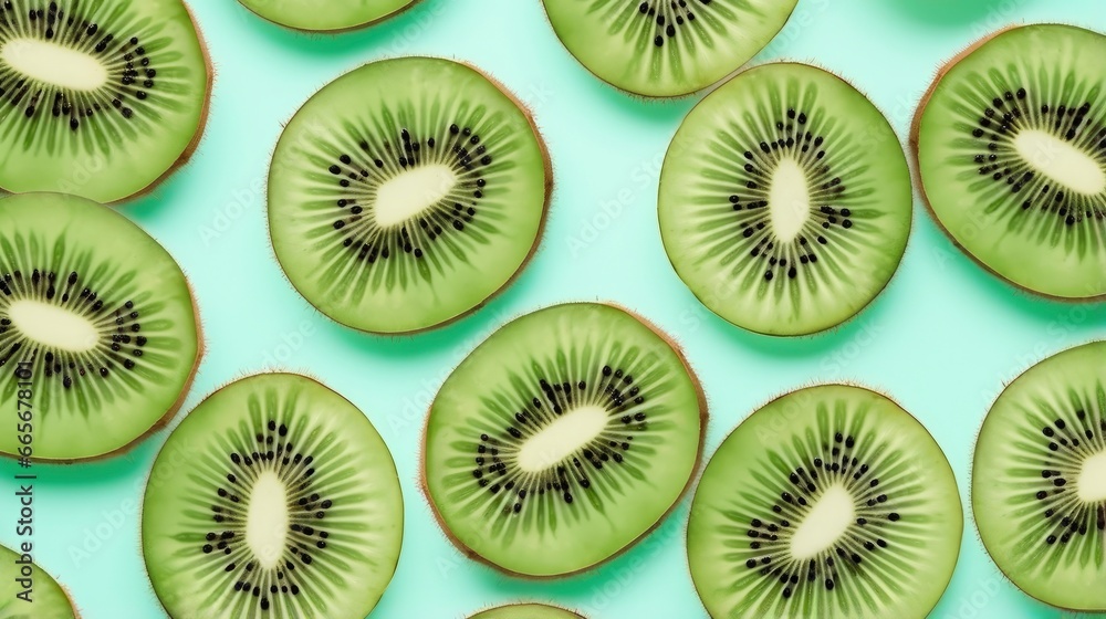 Slices of kiwi fruit and green mint leaves on a light pastel blue background. Slices of kiwi fruit and green mint leaves on a light pastel blue background.
