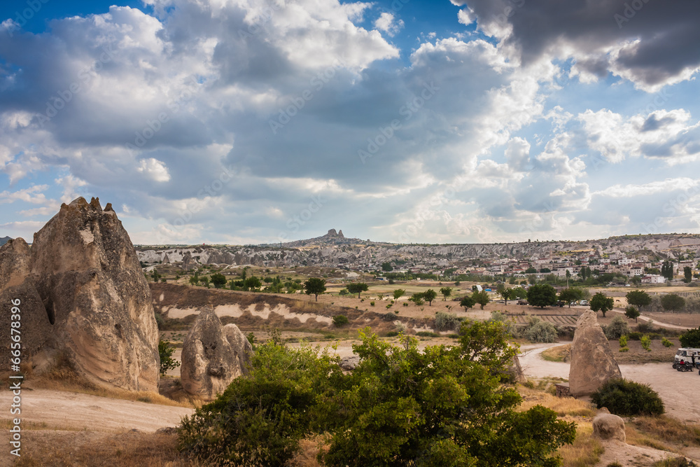 Rocky landscape in Cappadocia, Turkey. Travel in Cappadocia. Amazing landscape view of Uchisar town in Cappadocia Turkey
