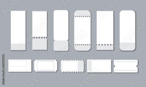 Set of empty tickets, Set of blank tickets. Realistic white mockup of ticket for concert, boarding, lottery, cinema, competition, birthday, movie, and coupon