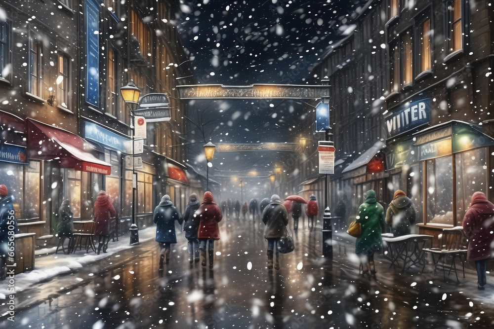 watercolor painting, a snowy winter street scene