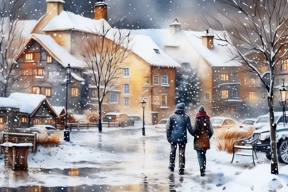 watercolor painting, a snowy winter street scene - obrazy, fototapety, plakaty 