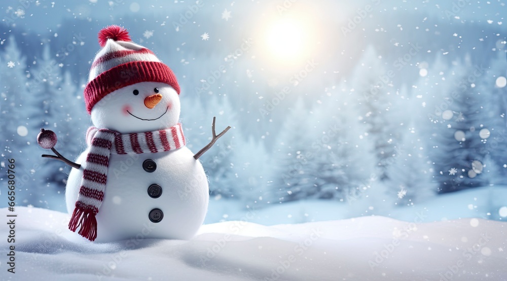 Happy snowman in the winter scenery.