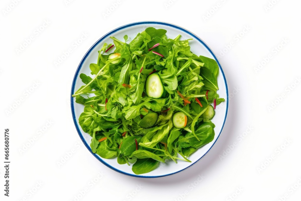 Healthy fresh green salad plate shot from above on white background. Healthy fresh green salad plate shot from above on white background.