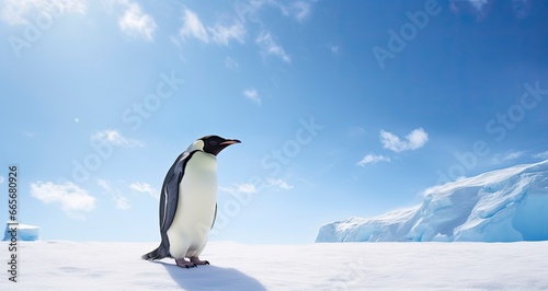 Penguin standing in Antarctica looking into the blue sky. © Anowar