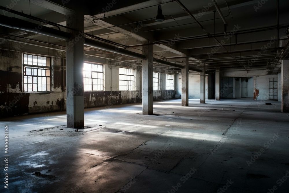 Desolate building interior, industrial setting. Generative AI