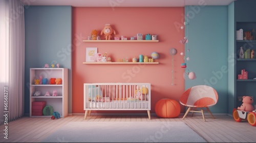 Baby room balanced perspective front view real scene.Generative AI © shuvodesign
