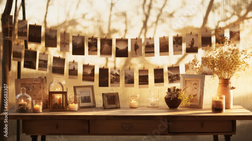 Nostalgic memories, an old photo album hanging by the window, casting shadows of cherished moments photo