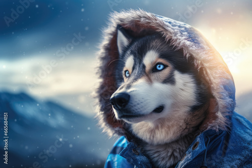 Husky as a man dressed in winter jacket, mountains on background. Portrait close-up. Travel and adventure concept.