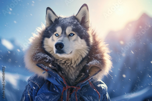 Husky as a hiker dressed in winter jacket, mountains on background. Portrait in snowy day. Travel and adventure concept.