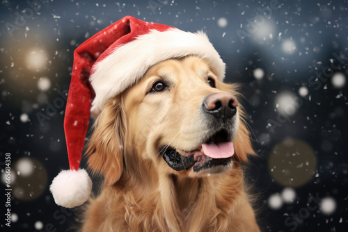 Cute golden retriever dog wearing Christmas red Santa Claus hat