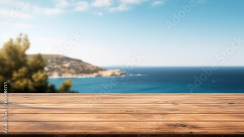 Oceanfront Dining: Wooden Table with Island and Sea View, Wooden Table Overlooking Island and Sea