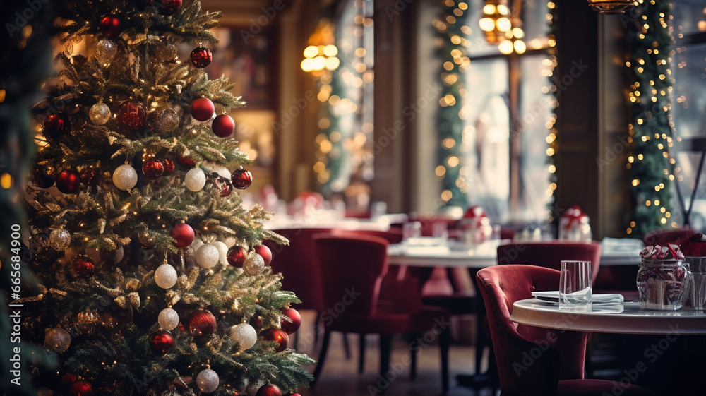 Cozy holiday ambiance with a beautifully decorated Christmas tree beside red velvet chairs in an elegant restaurant, bathed in warm golden light.