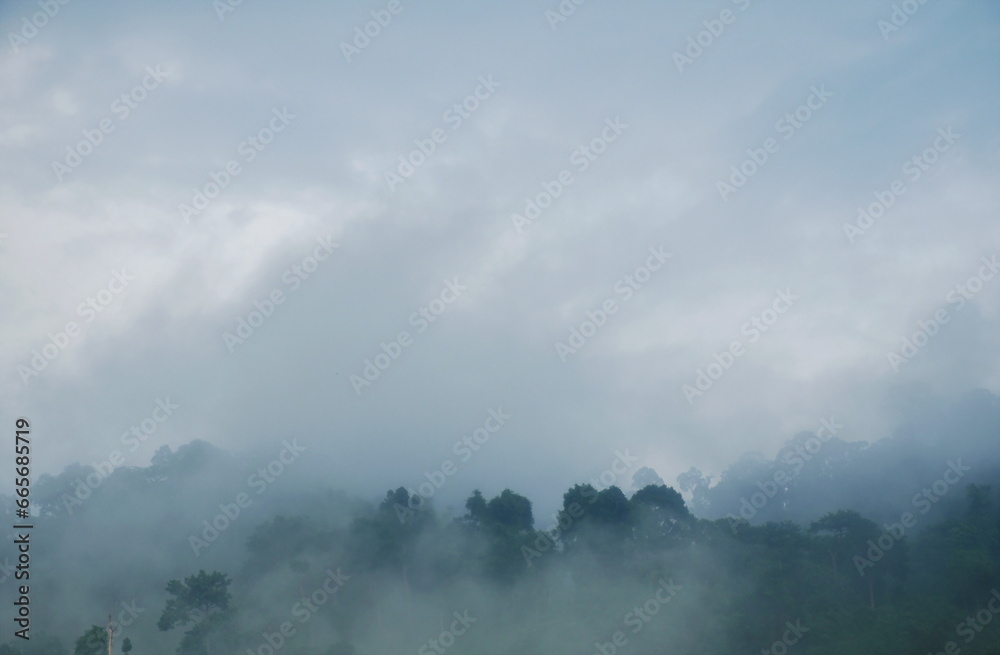 landscape of mountain with mist at Nang rong waterfall travel location in Thailand