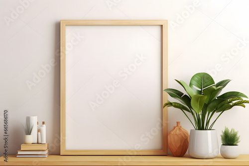 blank empty mockup wooden photo frame with interior, shelf, vase and decorative plant  © AgungRikhi