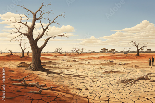 Illustration of massive draught, dry cracked land, el nino