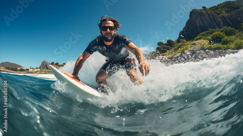 Surfer riding a surfboard in sea, Enjoy playing in the sea in summer. © suriya