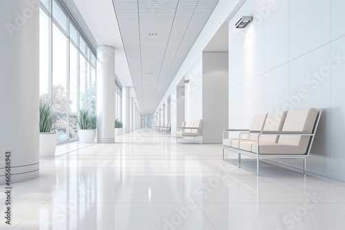 Interior design of a modern luxurious white building corridor or hallway with waiting seat. photo