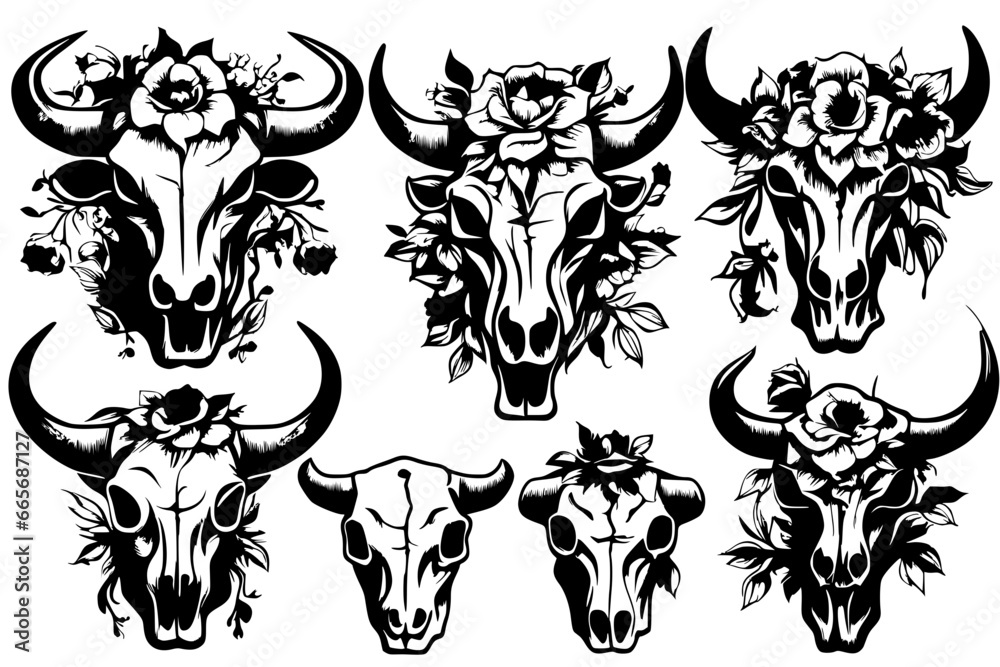 Obraz premium bundle of bull head skull and flowers vector,icon,illustration