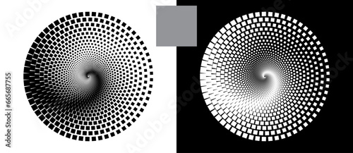 Abstract background with rhombuses in circle. Art design spiral as logo or icon. A black figure on a white background and an equally white figure on the black side.