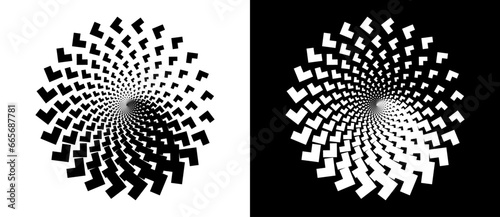 Abstract background with arrows in circle. Art design spiral as logo or icon. A black figure on a white background and an equally white figure on the black side.