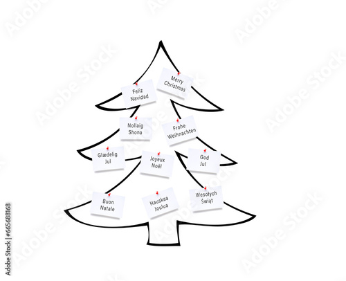 Weihnachtswünsche in verscheidenen Sprachen auf einem Notizzettel