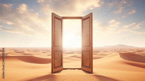 The opened door on the desert. Unknown and start up concept.