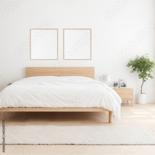 Wooden Bed with White Bedsheet and Blank Picture Frame Mockup - Ideal for Showcasing Your Bedding and Wall Art Designs © Momo