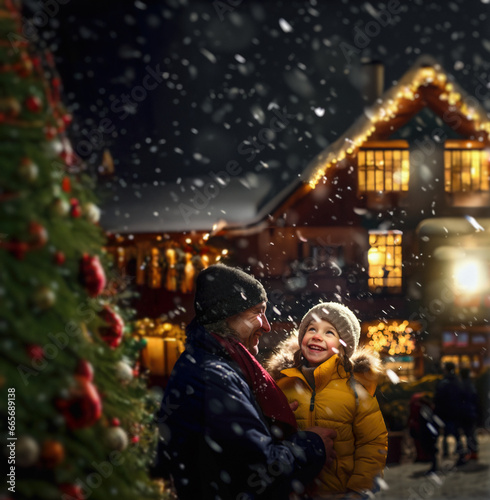 A father and his little daughter on Christmas holiday in a village lit up for the festive season. She admires the big tree decorated while the snow as it falls. Generative ai