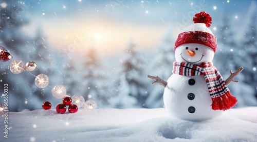 Happy snowman in the winter scenery. © Ahasanara