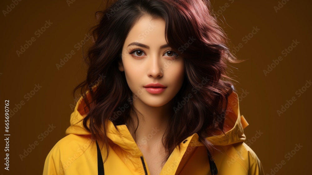 Fototapeta premium Portrait Beautiful Asian Girl Posing Yellow , Background Image , Beautiful Women, Hd