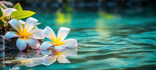 Plumeria flowers on green leaf floating on water. A peaceful and serene scene with a touch of nature and beauty.