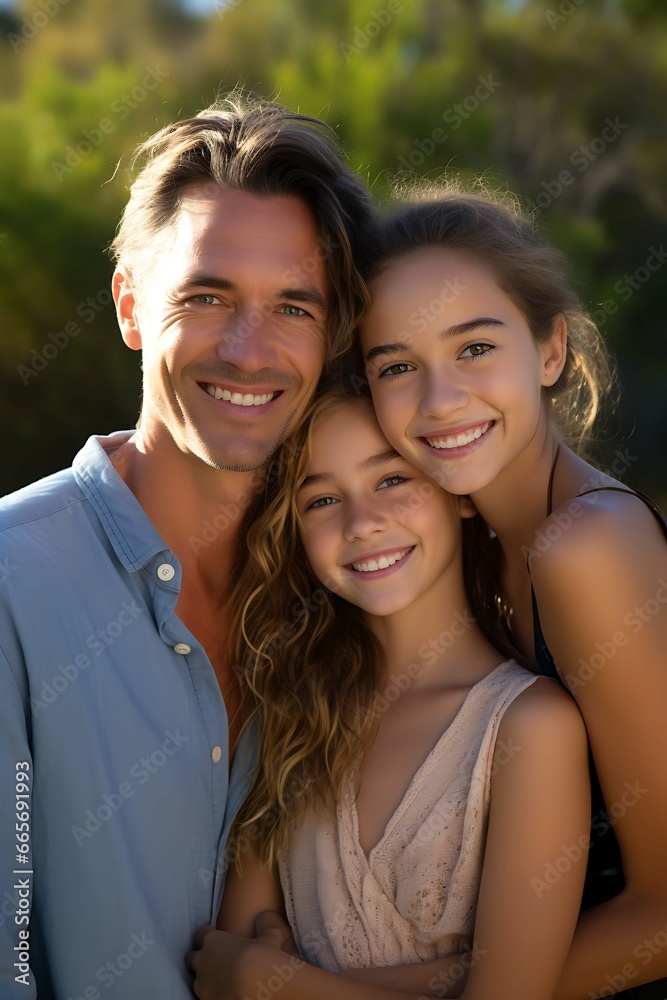 Family photo of a married couple with their daughter. Smiling faces. Happy family. Photo with sunshine and laughing people. Family photo of a married couple with their daughter. Smiling faces. Happy family. Photo with sunshine and laughing people.