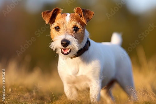 Happy jack russell terrier pet dog waiting  listening in the grass.