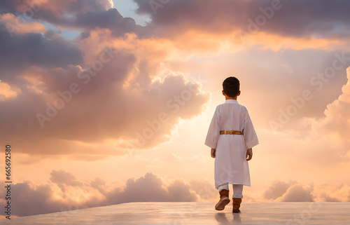 back view of muslim Arab Boy was looking at the sun. concept of peace of war. Peaceful realm of dreams. golden hour  dreamscape background  sunset