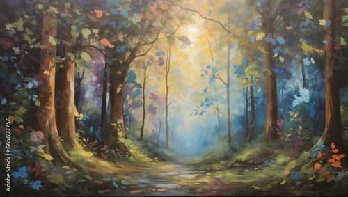 Mystical forest retreat: An abstract canvas capturing the enchantment of a magical woodland.
