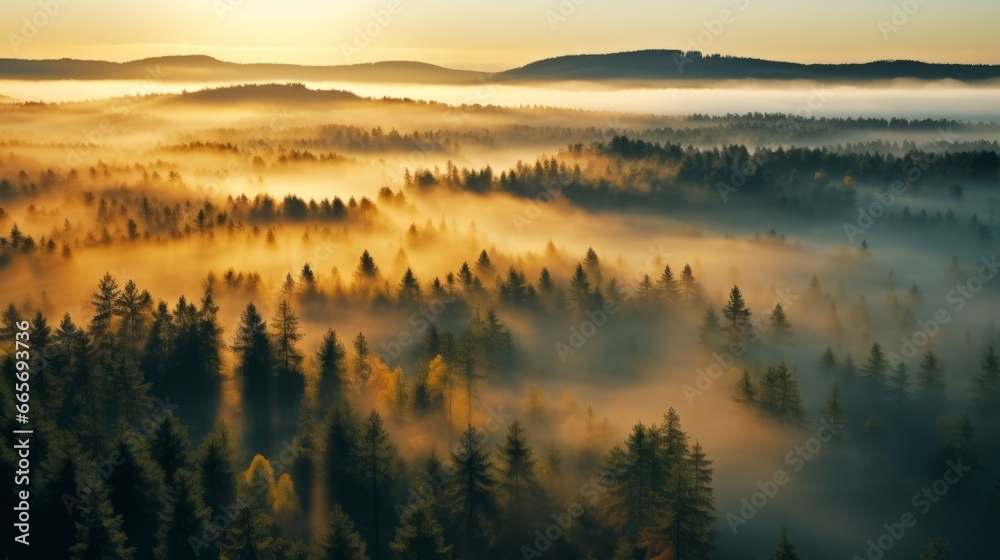 Obraz premium early morning sunrise foggy forrest, treetips standing out of fog autumn fall foggy fall sunrise drone shot