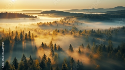 early morning sunrise foggy forrest, treetips standing out of fog autumn fall foggy fall sunrise drone shot © ND STOCK