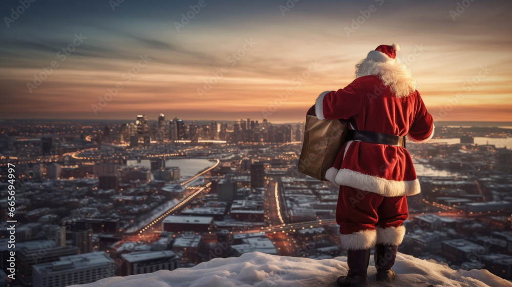 Obraz premium Rear view, Santa Claus with sack looking at the city, generative ai