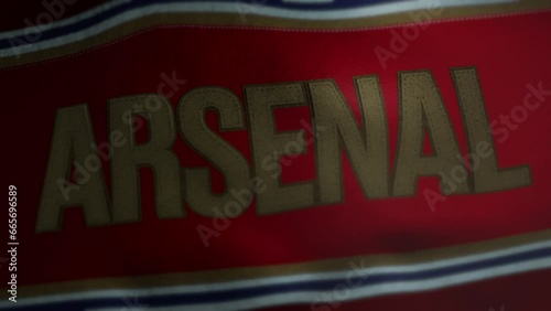 Red, white, gold, and blue Arsenal football flag texture background, waving banner in wind, arsenal gunners colour textile, stiching and lettering animation