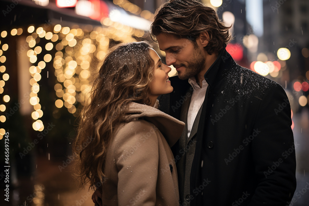 loving couple kissing in the city during winter. Romantic background for marketing campaign or premade book cover.
