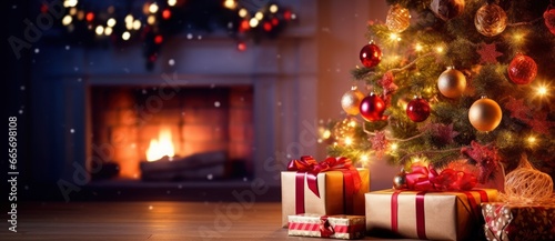 Christmas Home Room, Gift Box Below Tree With Lights And Fireplace. © Ahasanara