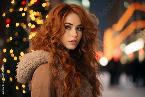 beautifil redhaired woman in a coat in the city during christmas winter time.  photo