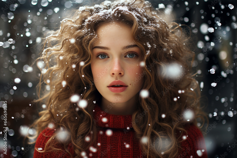 Close up photography of a woman outdoors in snow at christmas eve. Christmas marketing campaign or wallpaper background.
