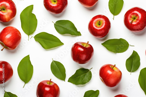 Background of apples with green leaves