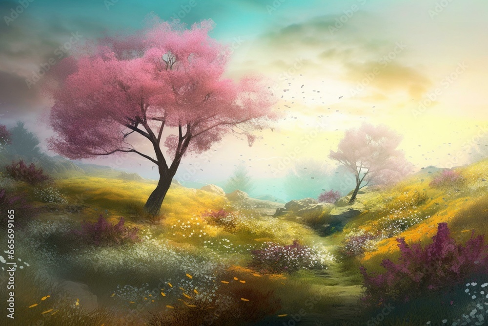 A depiction of a spring landscape created using digital art techniques. Generative AI